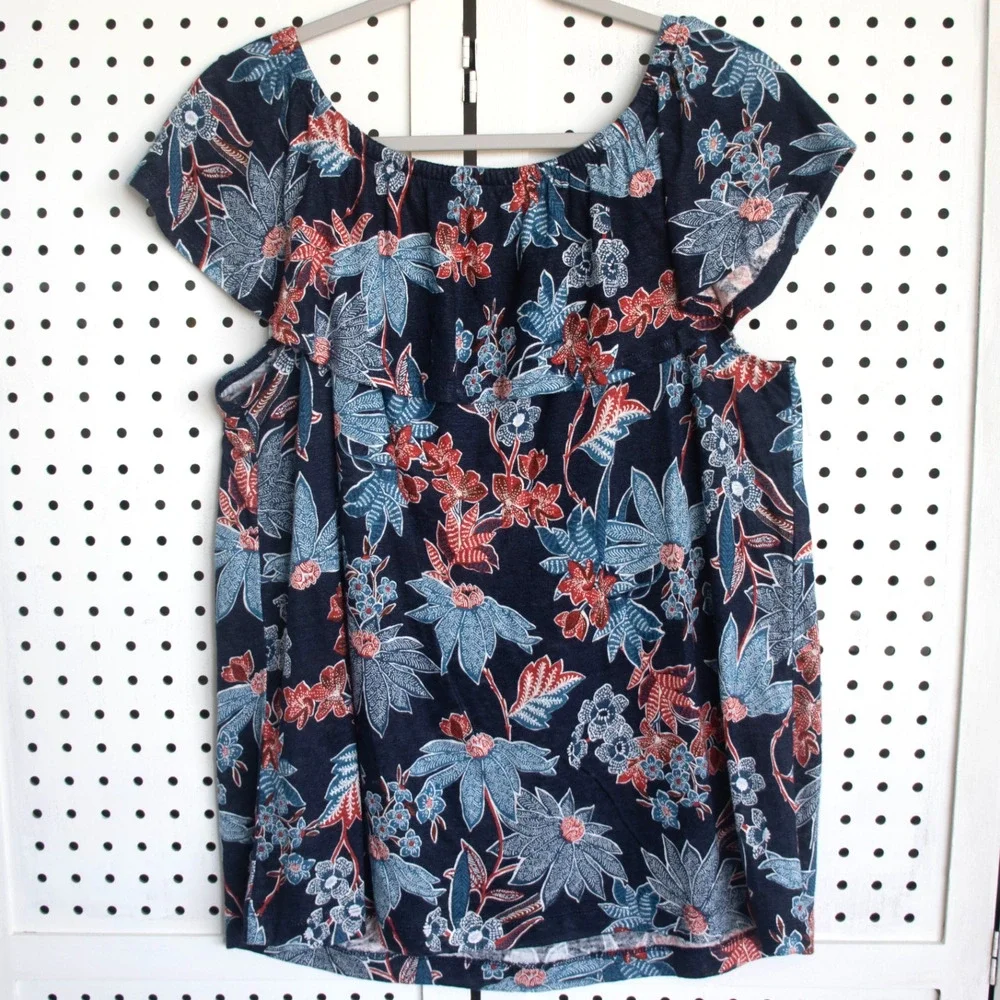J Jill Love Linen Floral Ruffle Top Womens SIZE Petite Large Blouse - Picture 3 of 8